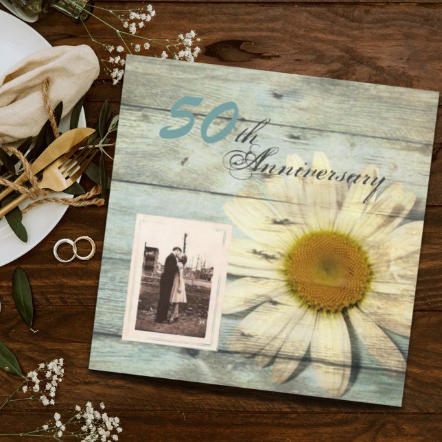Invitation noces de bois de barn 50 ans de mariage (barnwood country daisy 50th wedding anniversary invitation)
