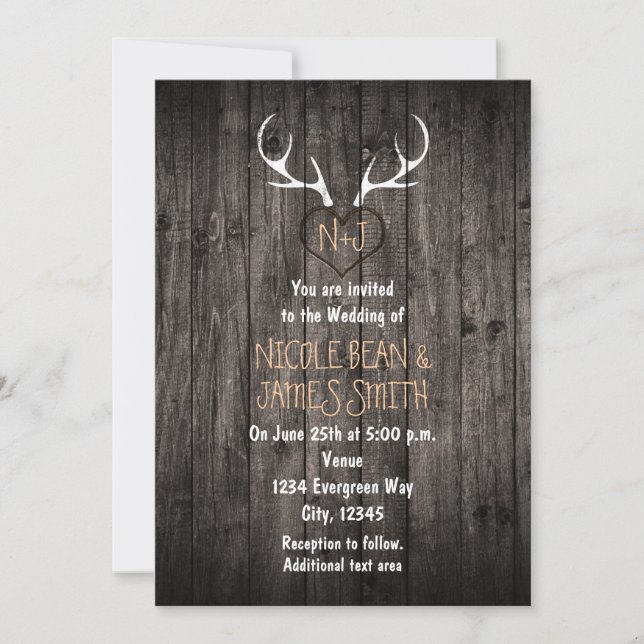 Invitation Noces de bois de cerf rustique et cœur sculpté (Devant)