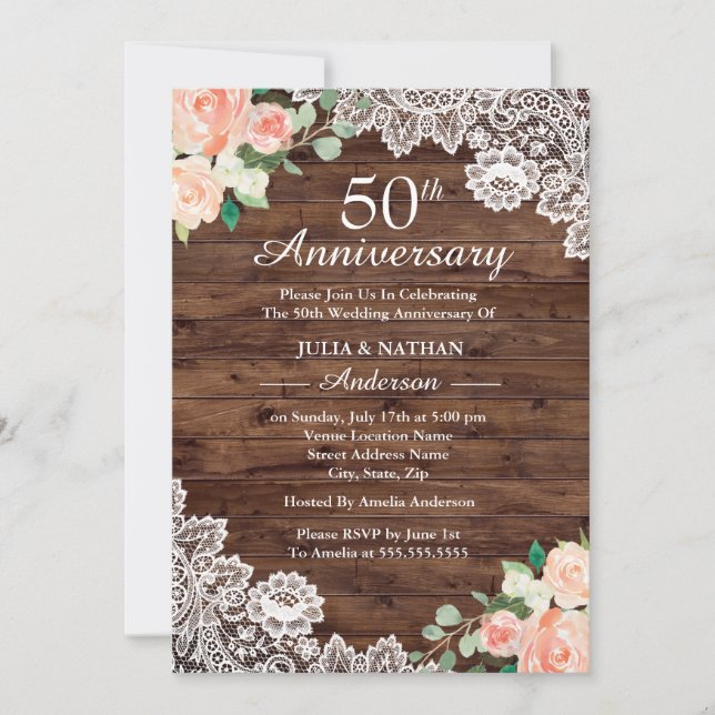 Invitation Noces de Bois Floral Rustique Dentelle 50e Anniver (Devant)