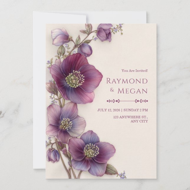 Invitation Noces de bordure botanique d'Hellebore Magenta Plu (Devant)