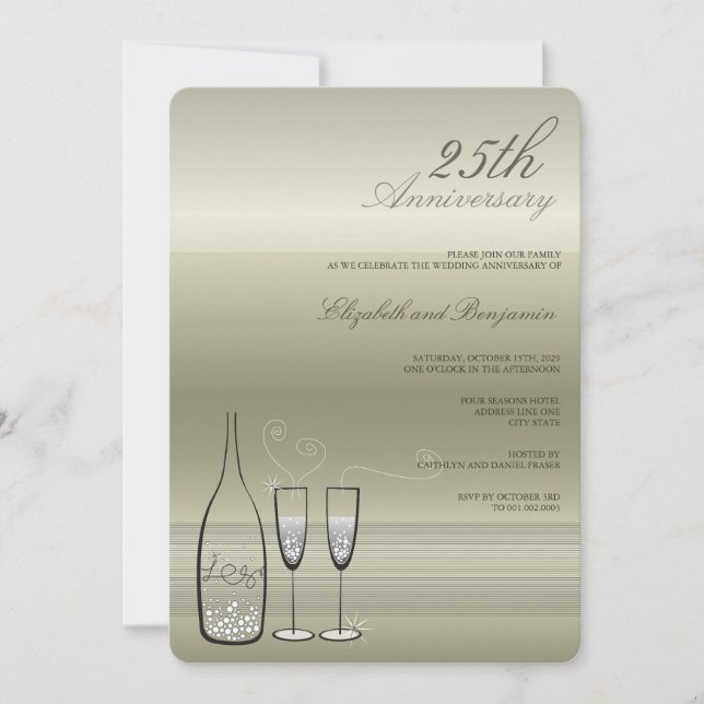 Invitation Noces de champagne argentées 25e anniversaire de m (Devant)