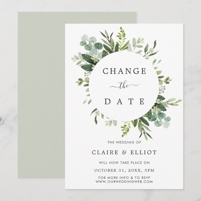 Invitation Noces de changement de date de feuilles vertes d'e (Devant / Derrière)