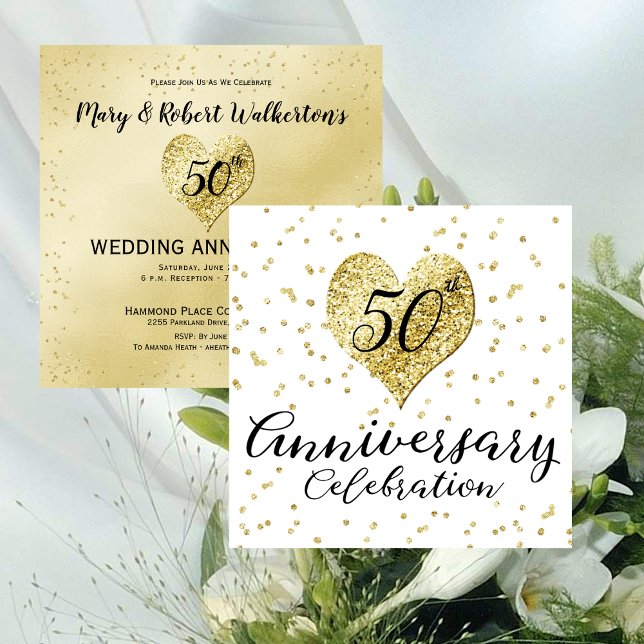 Invitation Noces de confetti d'or du 50e anniversaire (50th Anniversary Gold Confetti Wedding Invitation)