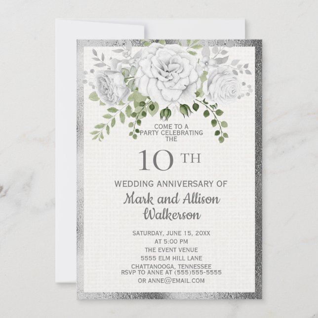 Invitation Noces de diamant - 10 ans de mariage Fleurs argent (Devant)