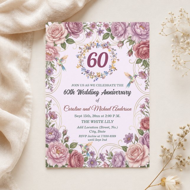 Invitation Noces de diamant - 60 ans - Colibris  (Créateur téléchargé)