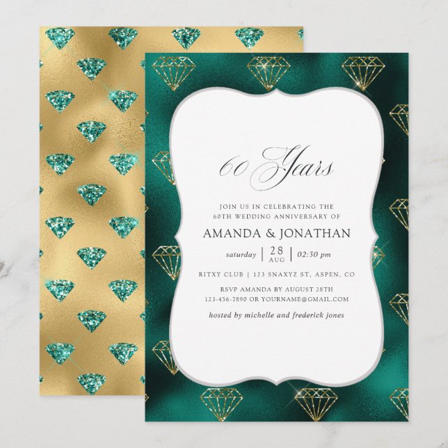 Invitation Noces de diamant : 60 ans de mariage en sarcelle e (Devant / Derrière)