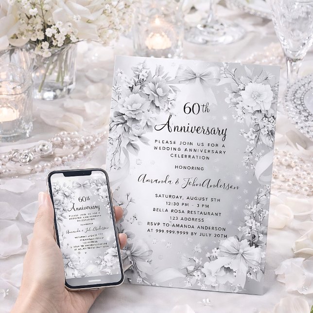 Invitation noces de diamant 60 ans mariage fleur argentée bow (Créateur téléchargé)