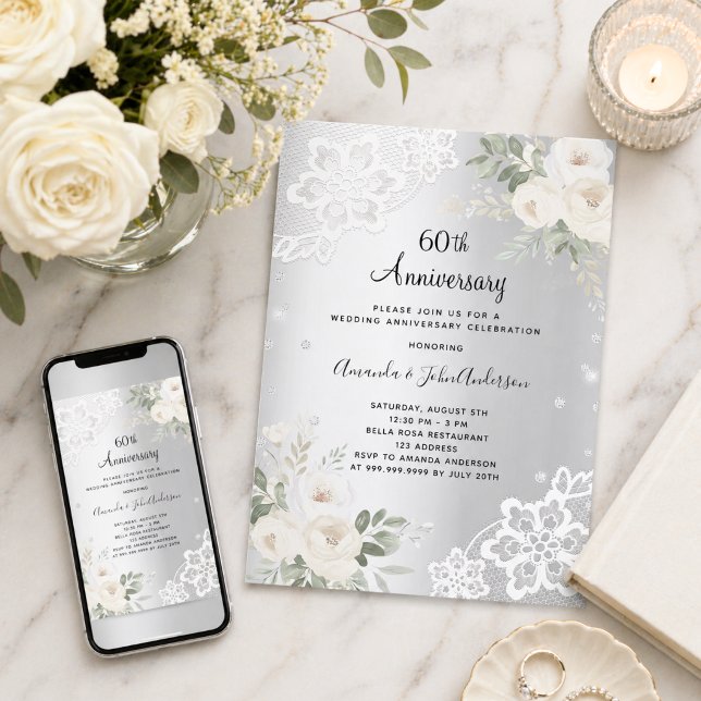 Invitation Noces de diamant argenté 60 ans de mariage (Créateur téléchargé)
