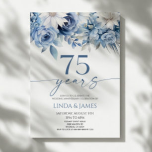 Invitation Noces de diamant Fleurs Bleu Poussiéreux 75ème Ann