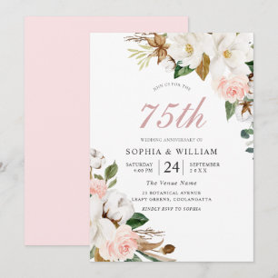 Invitation Noces de diamant : Fleurs roses et blanches 75 ans