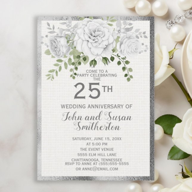 Invitation Noces de Fleur Blanche Argenté 25 Ans de Mariage (Silver 25th anniversary invitation with beautiful white flowers and greenery)