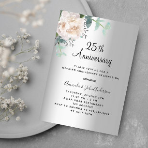 Invitation Noces de fleurs de verdure argentées 25 ans de mar