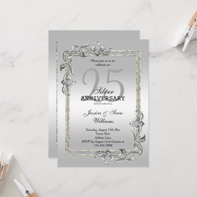 Invitation Noces de gemme et paillettes d'argent 25e annivers (Devant/Arrière en situation)