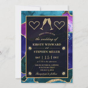 Invitation Noces de l'agate de paon pailleté sarcelle, violet
