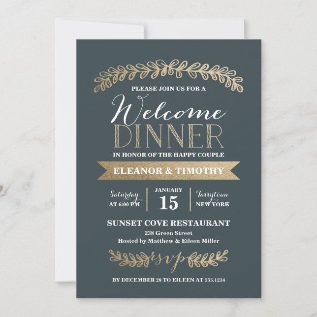 Invitation Noces de Laurier Ardoise Mariage Soirée de Bienven (Devant)