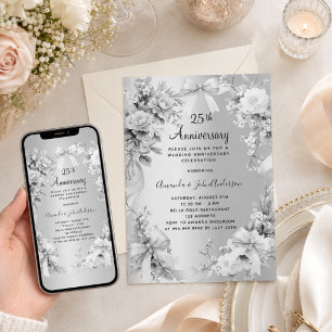 Invitation noces de mariage 25 ans fleurs argentées rubans