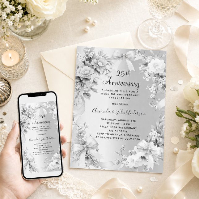 Invitation noces de mariage 25 ans fleurs argentées rubans (Créateur téléchargé)