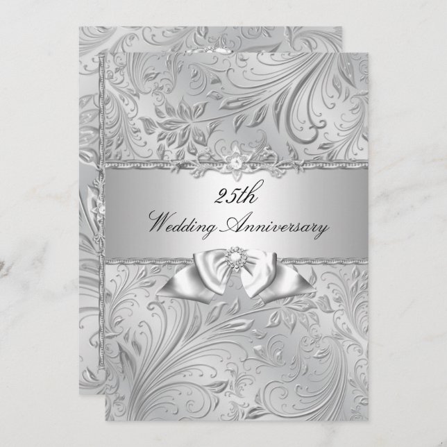 Invitation Noces de mariage 25 ans Fleurs et Ruban d'Argent (Devant / Derrière)