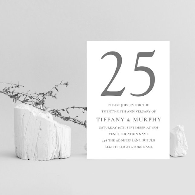 Invitation Noces de mariage 25 ans gris argenté et blanc (Créateur téléchargé)