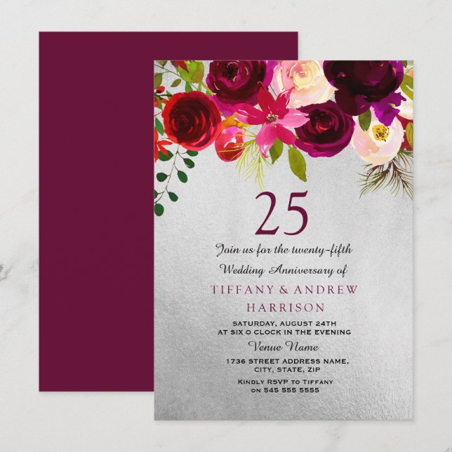 Invitation Noces de mariage 25 ans Silver & Burgundy Floral (Devant / Derrière)