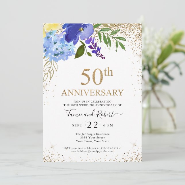 Invitation Noces de mariage 50 ans Fleur Or Bleu Violet (Debout devant)