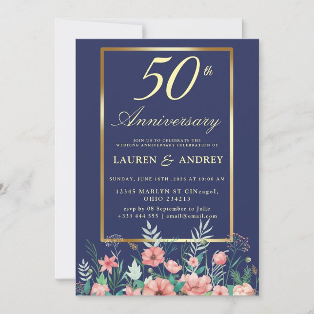 Invitation Noces de Mariage 50 Ans Fleurs Bleu Marine Or (Devant)