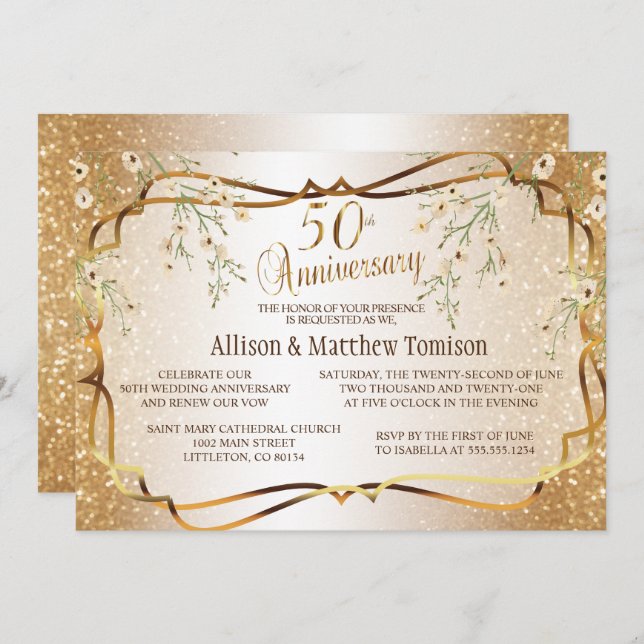 Invitation Noces de mariage 50 ans paillettes dorées | Texte  (Devant / Derrière)