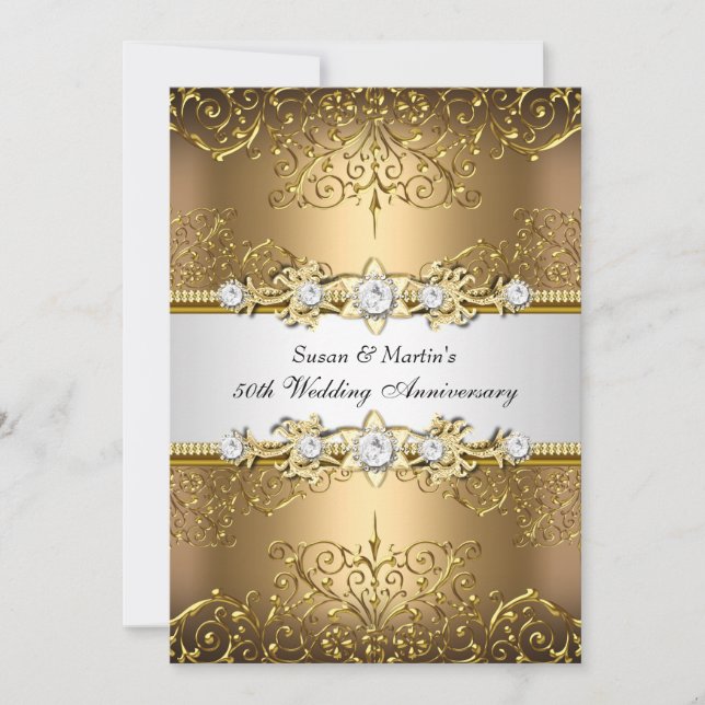 Invitation Noces de mariage 50 ans tourbillon floral blanc or (Devant)