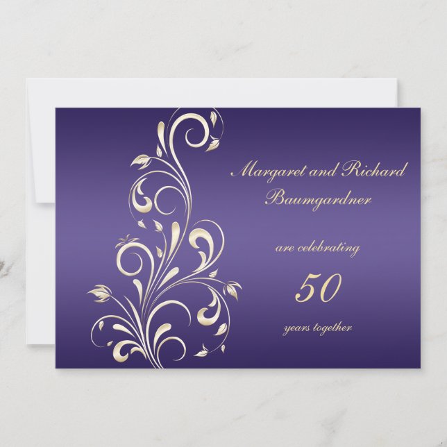 Invitation Noces de mariage 50 ans Tourbillons Violet Or (Devant)
