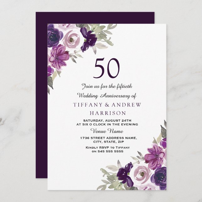 Invitation Noces de mariage 50 ans Violet Floral Pourpre (Devant / Derrière)