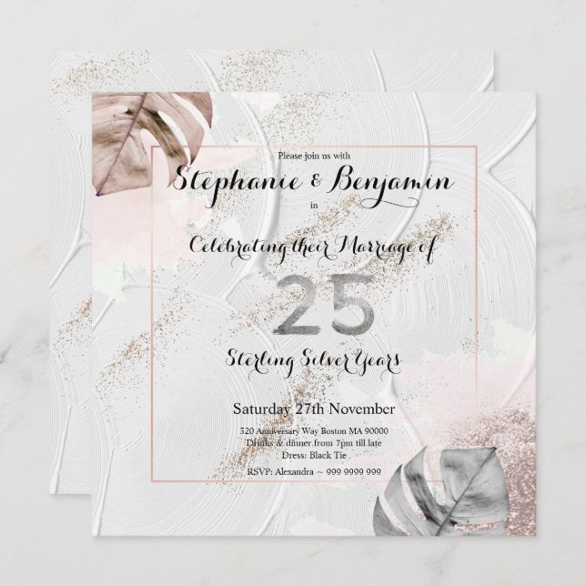 Invitation Noces de mariage Argent 25 ans Élégant Paillettes  (Devant / Derrière)