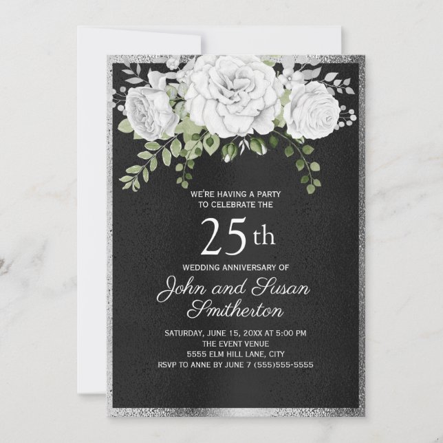 Invitation Noces de Mariage Argent Noir Fleuris 25 Ans (Devant)