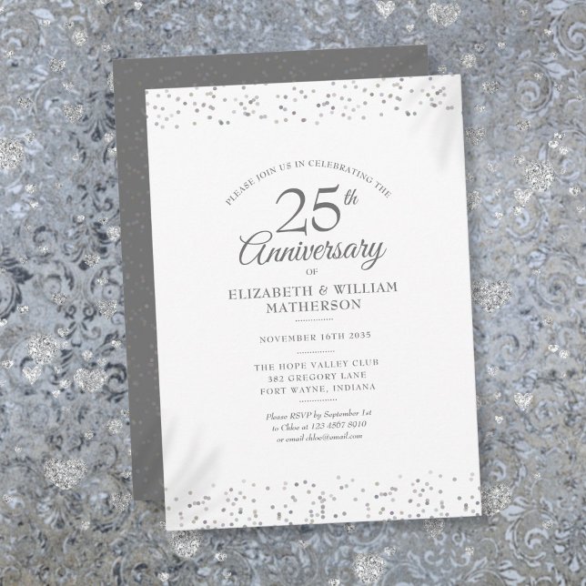 Invitation Noces de mariage Argent Stardust Confetti 25 ans (25th Wedding Anniversary Silver Stardust Confetti Invitation)