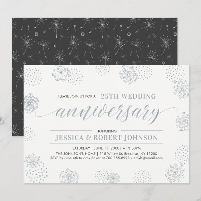 Invitation Noces de Mariage Argentées | 25e Anniversaire de M (Devant / Derrière)