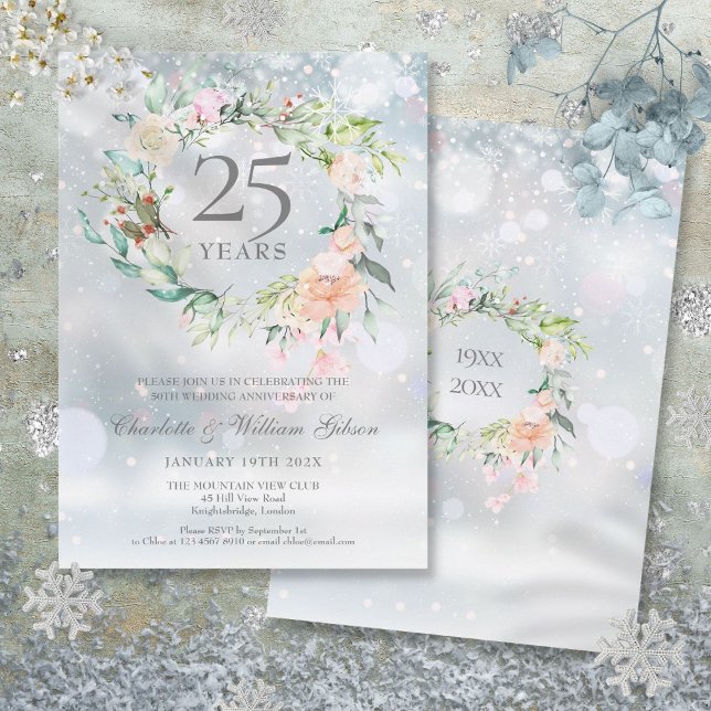 Invitation Noces de mariage argentées 25e anniversaire Floral (Winter Floral 25th Silver Wedding Anniversary Invitation)