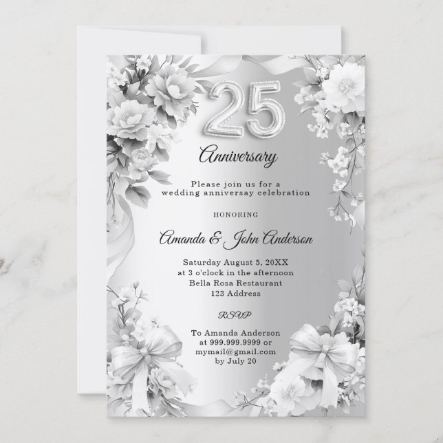 Invitation noces de mariage argentées florales rubans 25 ans (Devant)