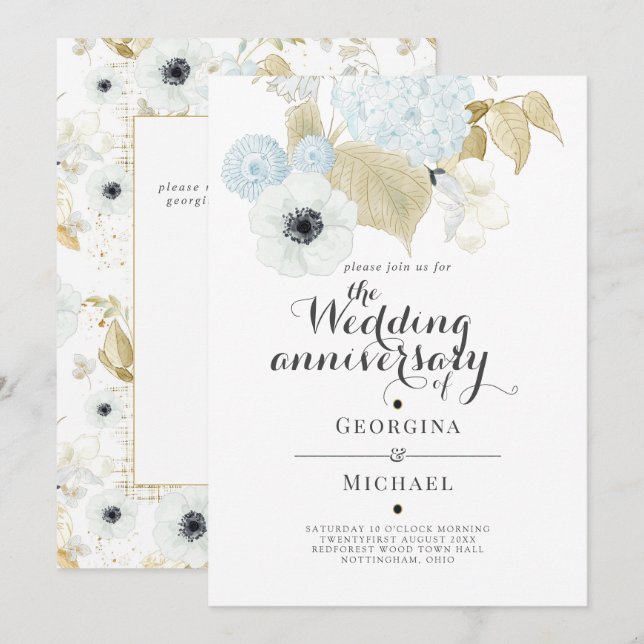 Invitation Noces de mariage bleu aigue-marine et or floral (Devant / Derrière)