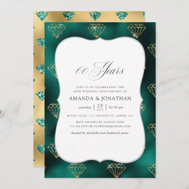 Invitation Noces de mariage de 60 ans sarcelle et or (Devant / Derrière)