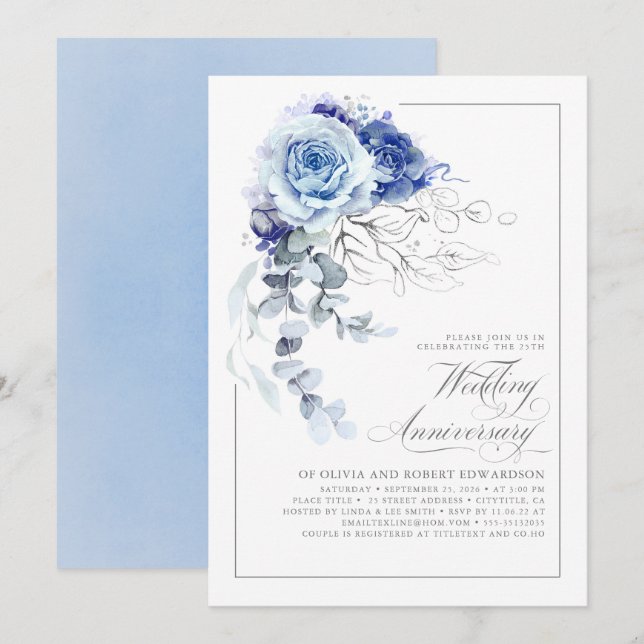 Invitation Noces de mariage florales bleu poussiéreux et arge (Devant / Derrière)