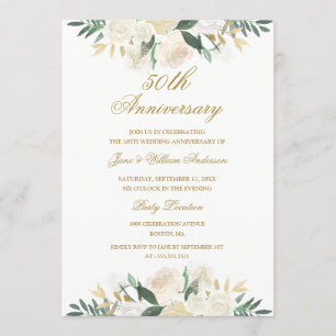 Invitation Noces de mariage florales en or 50 ans
