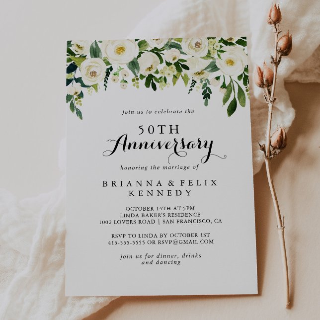 Invitation Noces de mariage Greenery White Floral 50 ans (Créateur téléchargé)