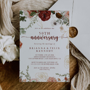 Invitation Noces de Mariage Or Rustique Floral 50ème Annivers