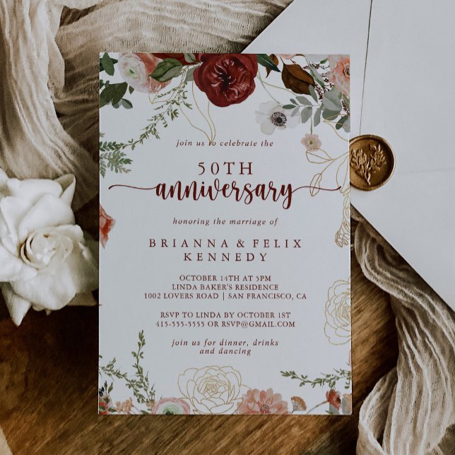 Invitation Noces de Mariage Or Rustique Floral 50ème Annivers (Créateur téléchargé)