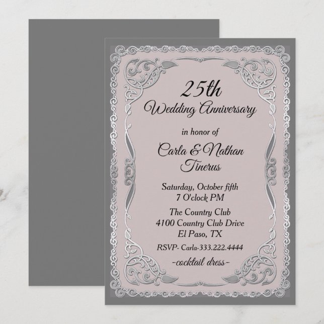 Invitation Noces de Mariage Orné Argent et Bleu (Devant / Derrière)