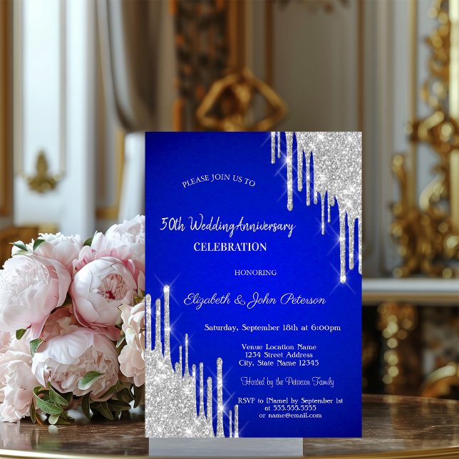 Invitation Noces de Mariage Royal Bleu Paillettes Gouttes (Créateur téléchargé)