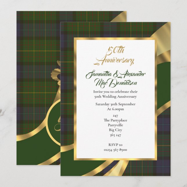Invitation Noces de mariage tartan vert en or (Devant / Derrière)