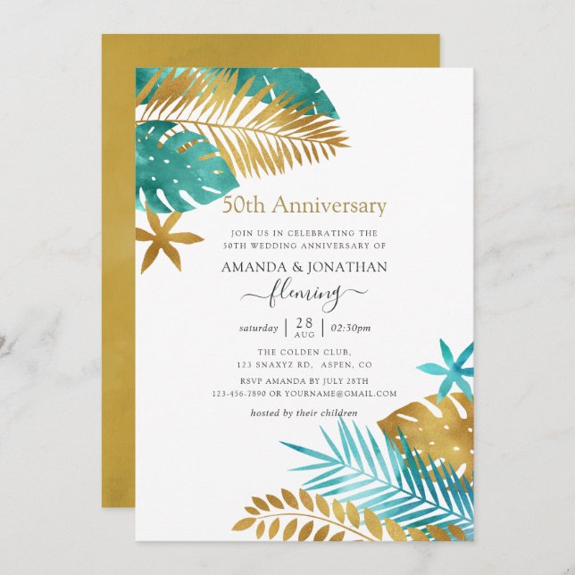 Invitation Noces de mariage tropical sarcelle et or 50 ans (Devant / Derrière)