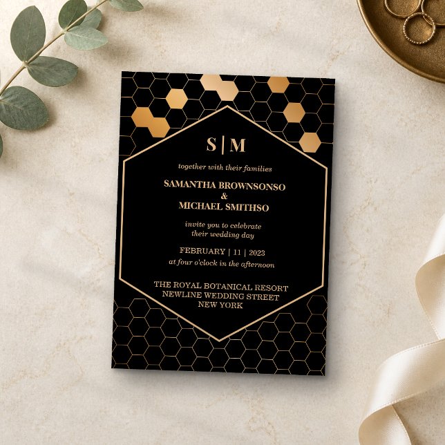 Invitation Noces de Miel de Nid d'Abeille Noir (Créateur téléchargé)