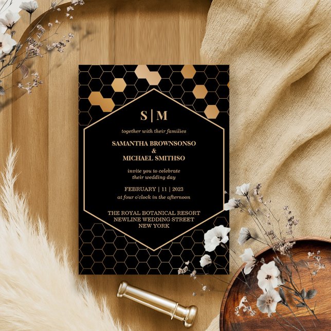 Invitation Noces de Miel de Nid d'Abeille Noir (Créateur téléchargé)