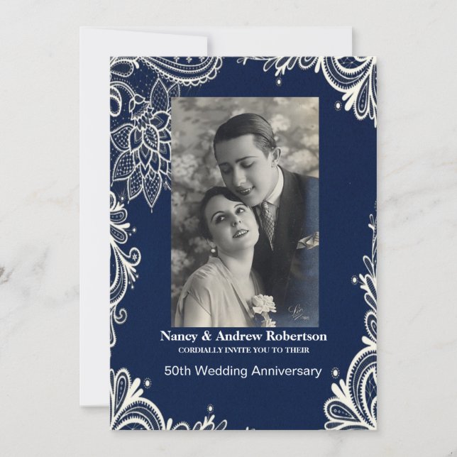 Invitation noces de nacre 50 ans de mariage blanc dentelle bl (Devant)